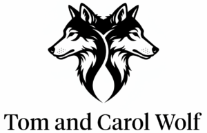 Two wolves with text Tom and Carol Wolf