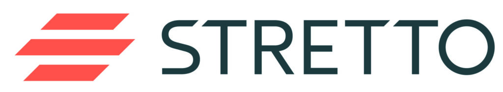 Stretto logo; three orange lines with the text "stretto"